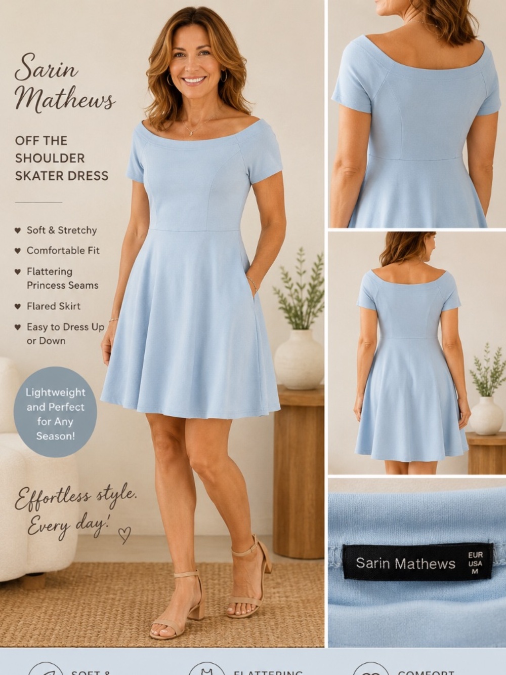 Sarin Mathews Light Blue Off-the-Shoulder Skater Dress | Size M